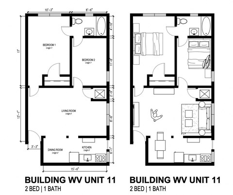 A floor plan for a 2 bedroom, 1 bathroom unit.